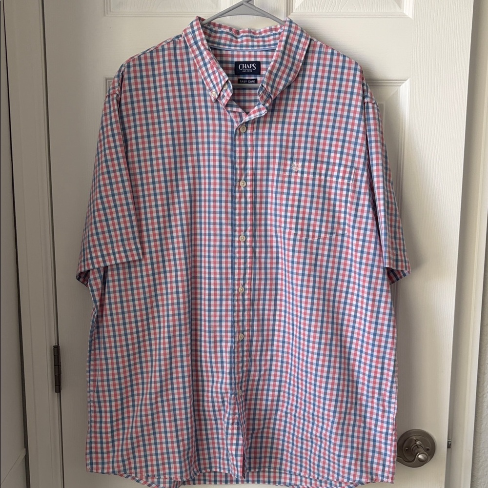 Chaps Pink and Blue Short-Sleeve Button-Down Plaid Shirt